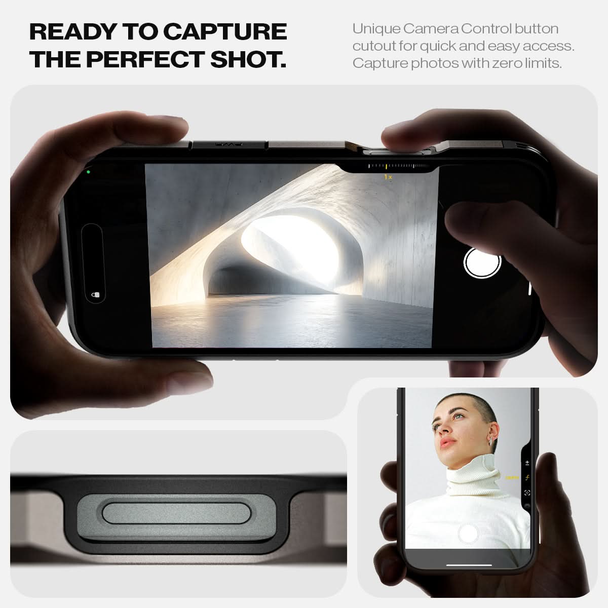 ACS08145 - iPhone 16 Pro Case Tough Armor AI (MagFit) in Gunmetal ready to capture the perfect shot. Unique camera a control button cutout for quick and easy access capture photos with zero limits.