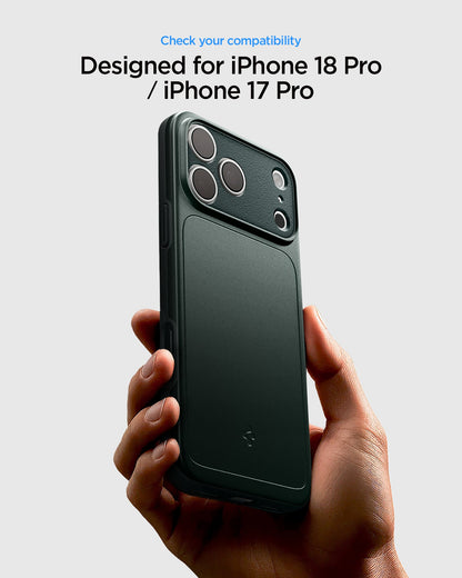 ACS09935 - iPhone 17 Pro Thin Fit (MagFit) in Abyss Green showing a slim case designed for compatibility across two device generations.