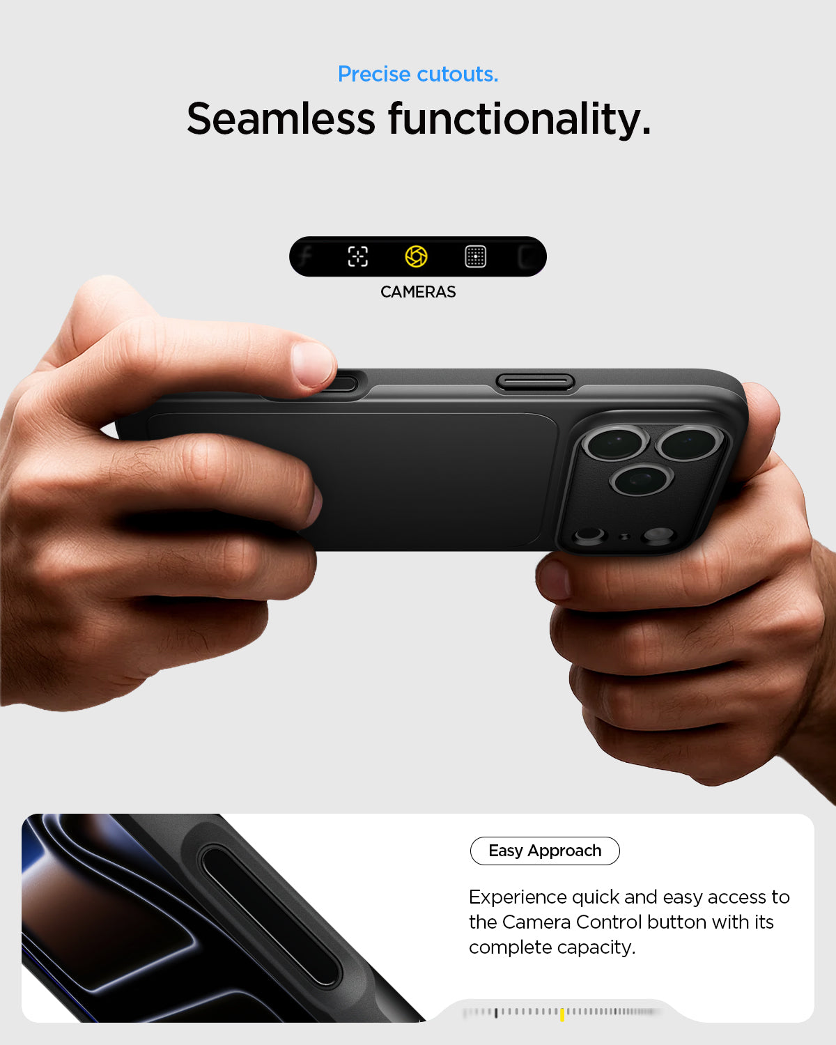 ACS09934 - iPhone 17 Pro Thin Fit (MagFit) in black showing precise button cutouts for seamless camera control access and functionality.