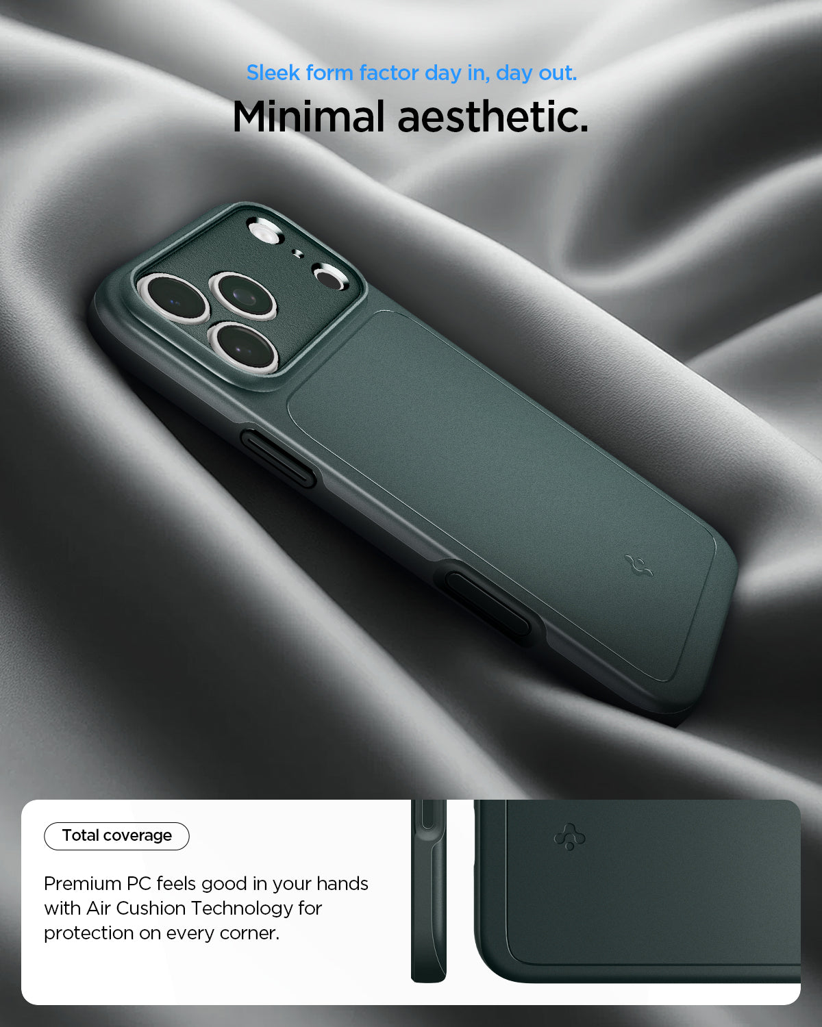ACS09935 - iPhone 17 Pro Thin Fit (MagFit) in Abyss Green showing a minimal case design with full corner coverage and Air Cushion Technology.