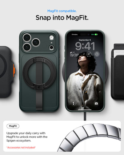 ACS09935 - iPhone 17 Pro Thin Fit (MagFit) in Abyss Green showing Mag Fit compatibility with magnetic charging and everyday accessories.