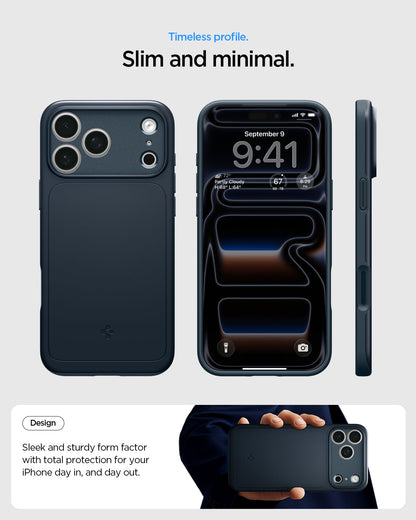ACS09882 - iPhone 17 Pro Max Thin Fit (MagFit) in Metal Slate showing a slim and minimal case design from front, back, and side views.