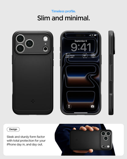 ACS09879 - iPhone 17 Pro Max Thin Fit (MagFit) in black showing a slim and minimal case design from front, back, and side views.