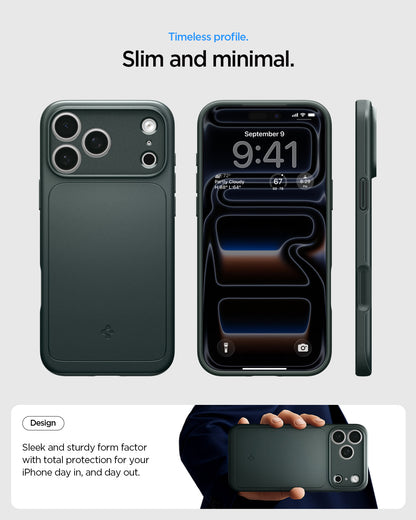 ACS09880 - iPhone 17 Pro Max Thin Fit (MagFit) in abyss green showing a slim and minimal case design from front, back, and side views.
