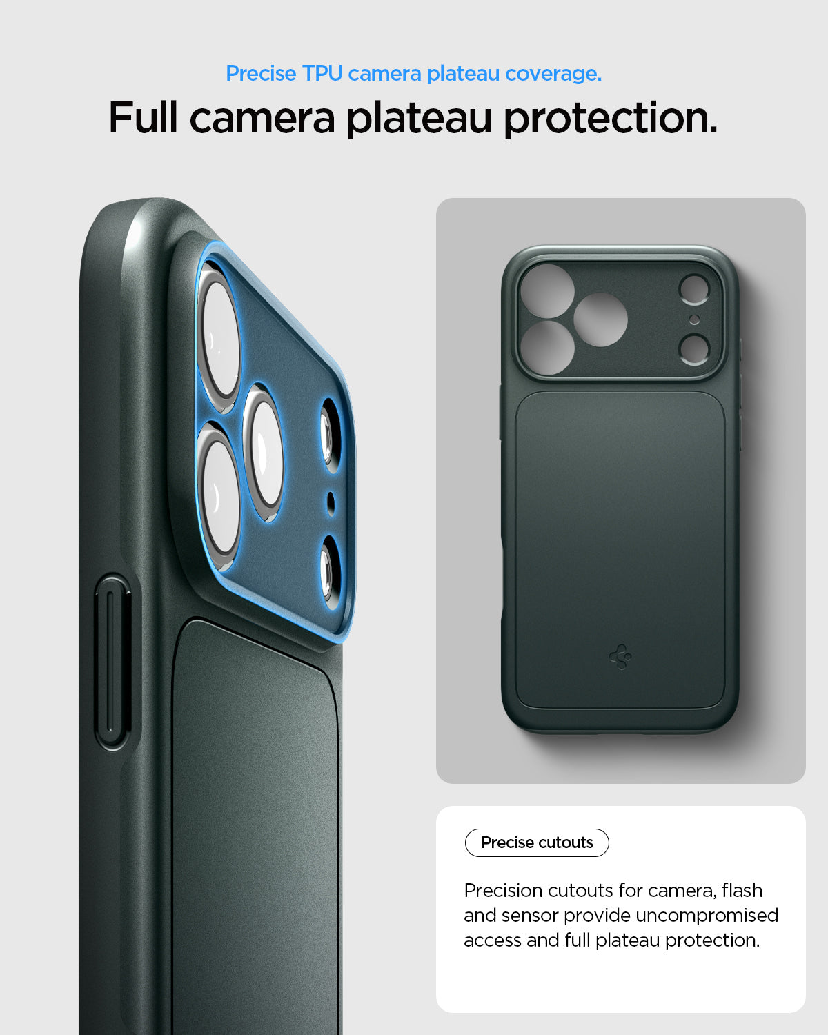 ACS09880 - iPhone 17 Pro Max Thin Fit (MagFit) in abyss green showing full camera plateau protection with precise cutouts for cameras, flash, and sensors.