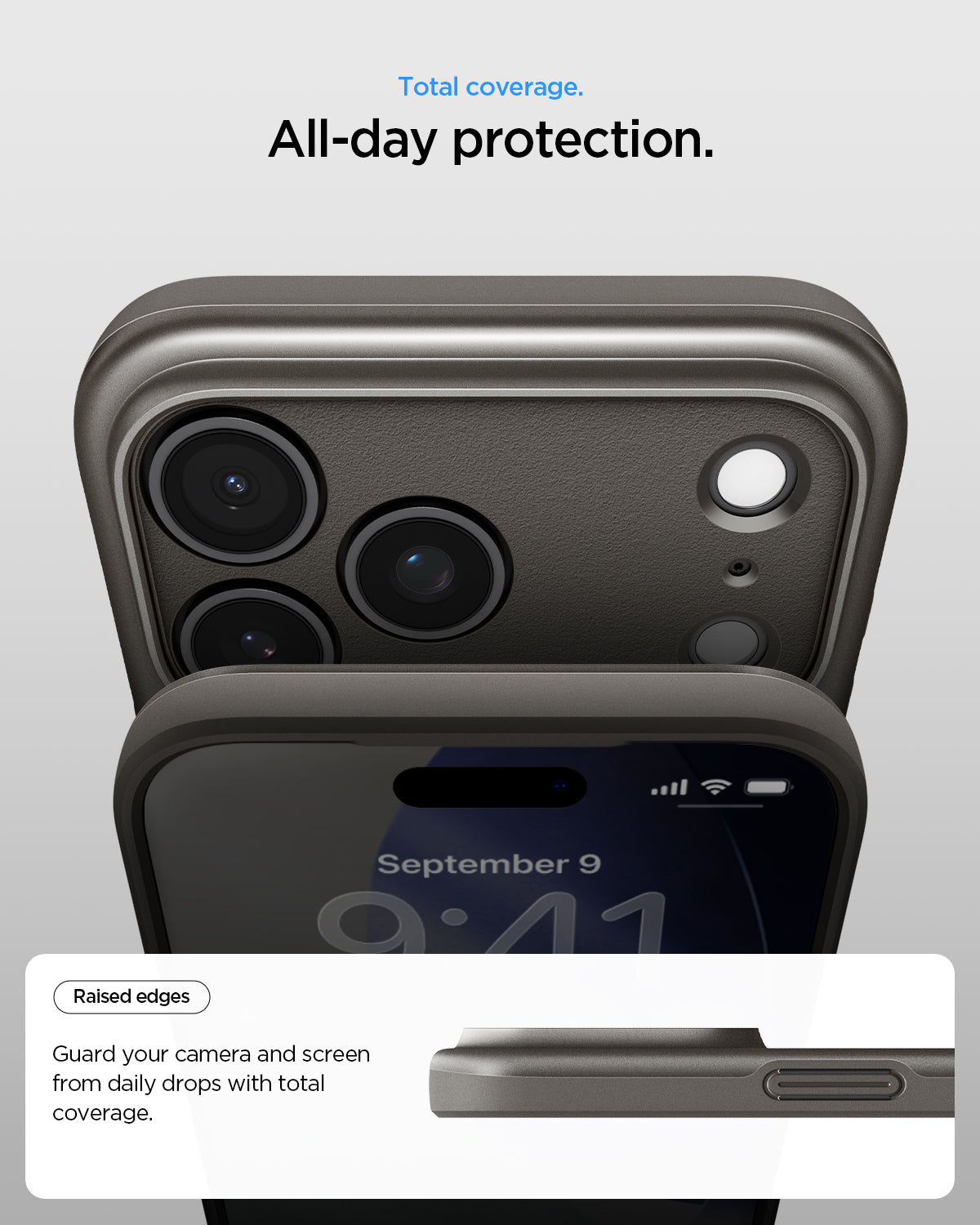 ACS09936 - iPhone 17 Pro Thin Fit (MagFit) in Gunmetal showing total coverage. All day protection. Raised edges. guard your camera and screen from daily drops with total coverage.