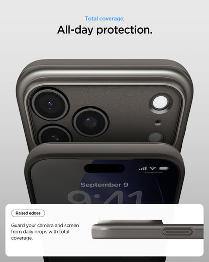 ACS09936 - iPhone 17 Pro Thin Fit (MagFit) in Gunmetal showing total coverage. All day protection. Raised edges. guard your camera and screen from daily drops with total coverage.