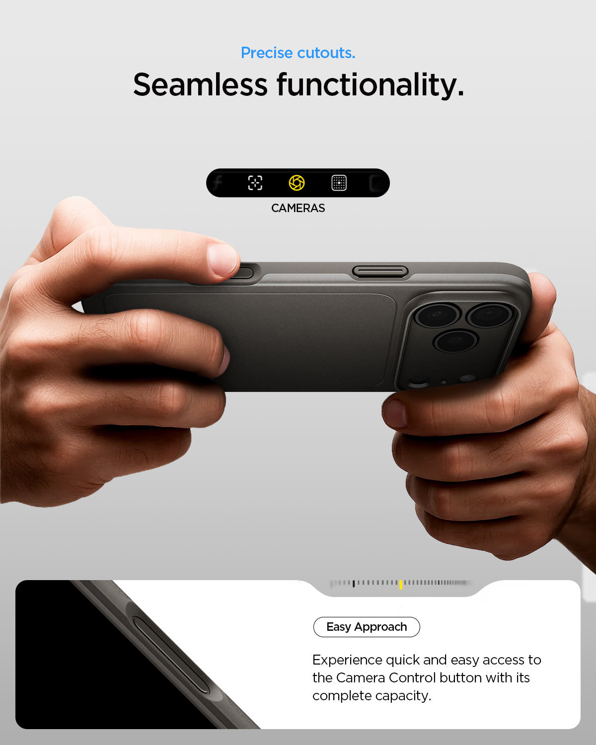 ACS09881 - iPhone 17 Pro Max Thin Fit (MagFit) in Gunmetal showing precise cutouts. seamless functionality. Easy approach Experience quick and easy access to the camera control button with its complete capacity.