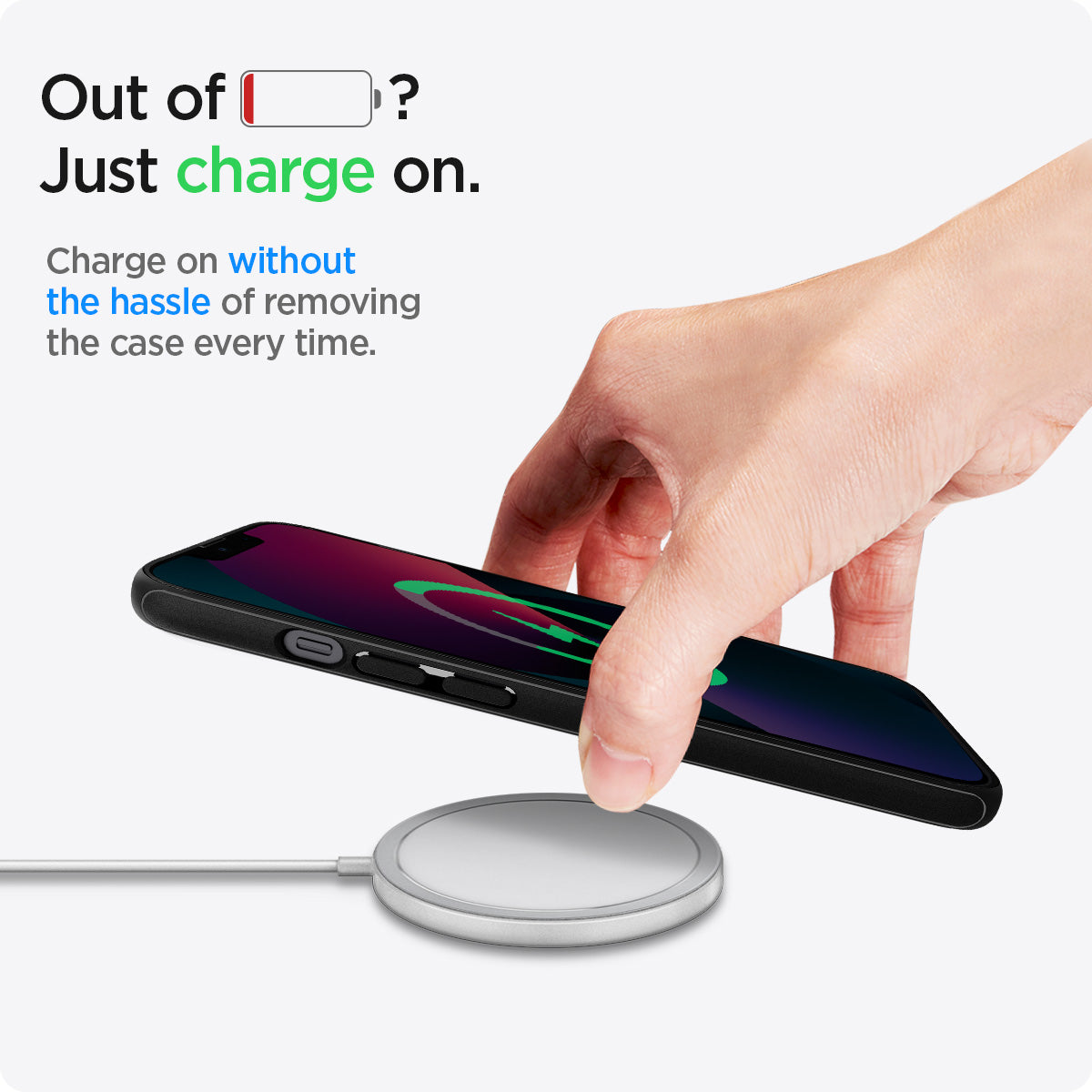 ACS03680 - iPhone 13 Mini Case Mag Armor in black showing the charge on without the hassle of removing the case every time