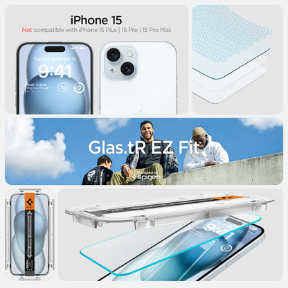 AGL06903 - iPhone 15 Screen Protector EZ FIT GLAS.tR (Sensor Protection) iPhone 15 plus. Not compatible with iPhone 15, 15pro, 15 pro max. Glas.tR EZ Fit. designed by spigen.