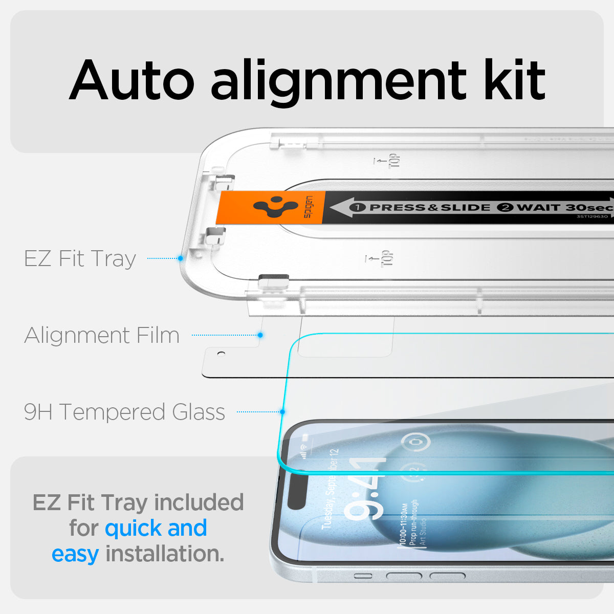 AGL06903 - iPhone 15 Screen Protector EZ FIT GLAS.tR (Sensor Protection) auto alignment kit. EZ Fit tray, Alignment film, 9H tempered glass, EZ fit tray included for quick and easy installation.