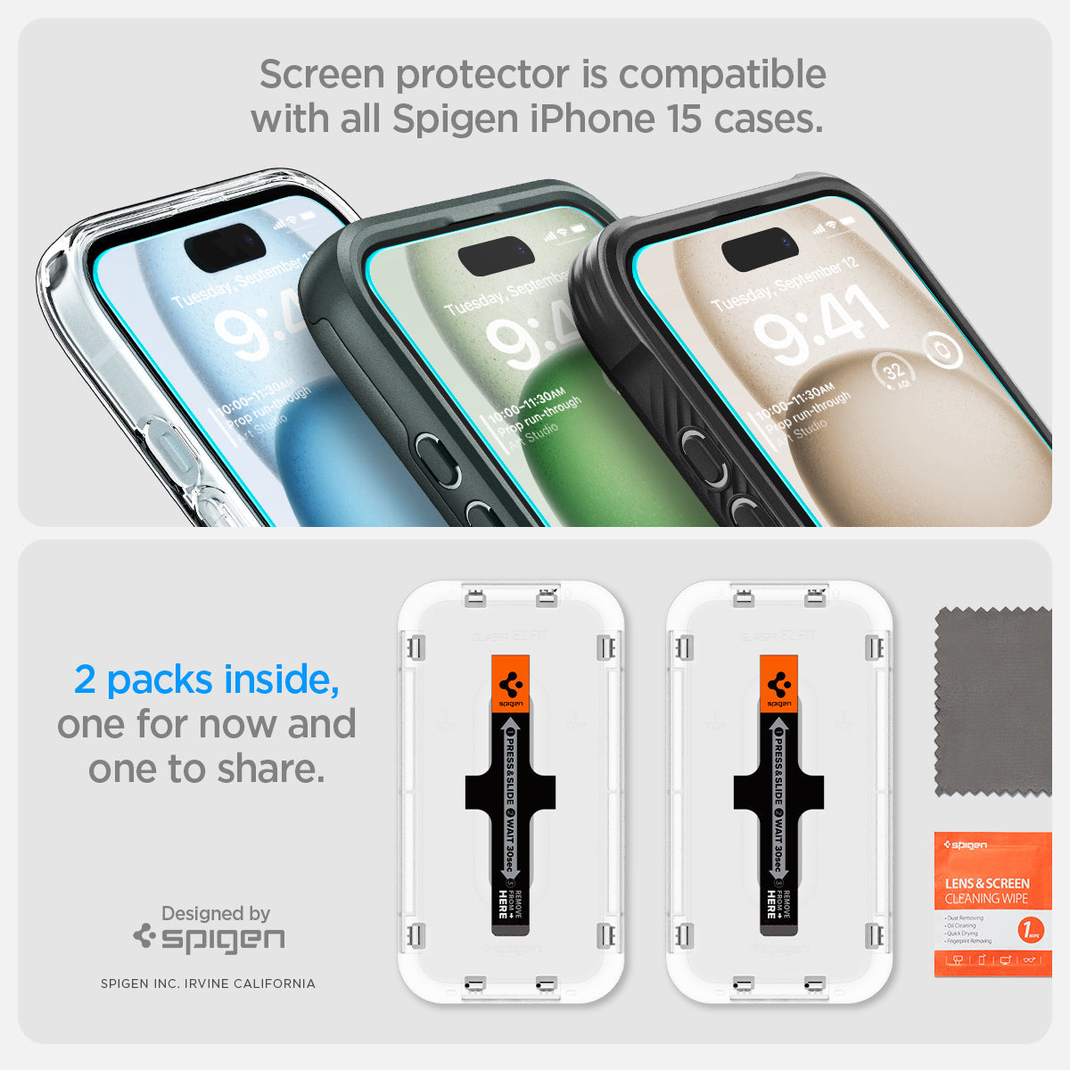 AGL06903 - iPhone 15 Screen Protector EZ FIT GLAS.tR (Sensor Protection) screen protector is compatible with all spigen iPhone 15 Plus cases. 2packs inside, one for now and one to share. designed by spigen.