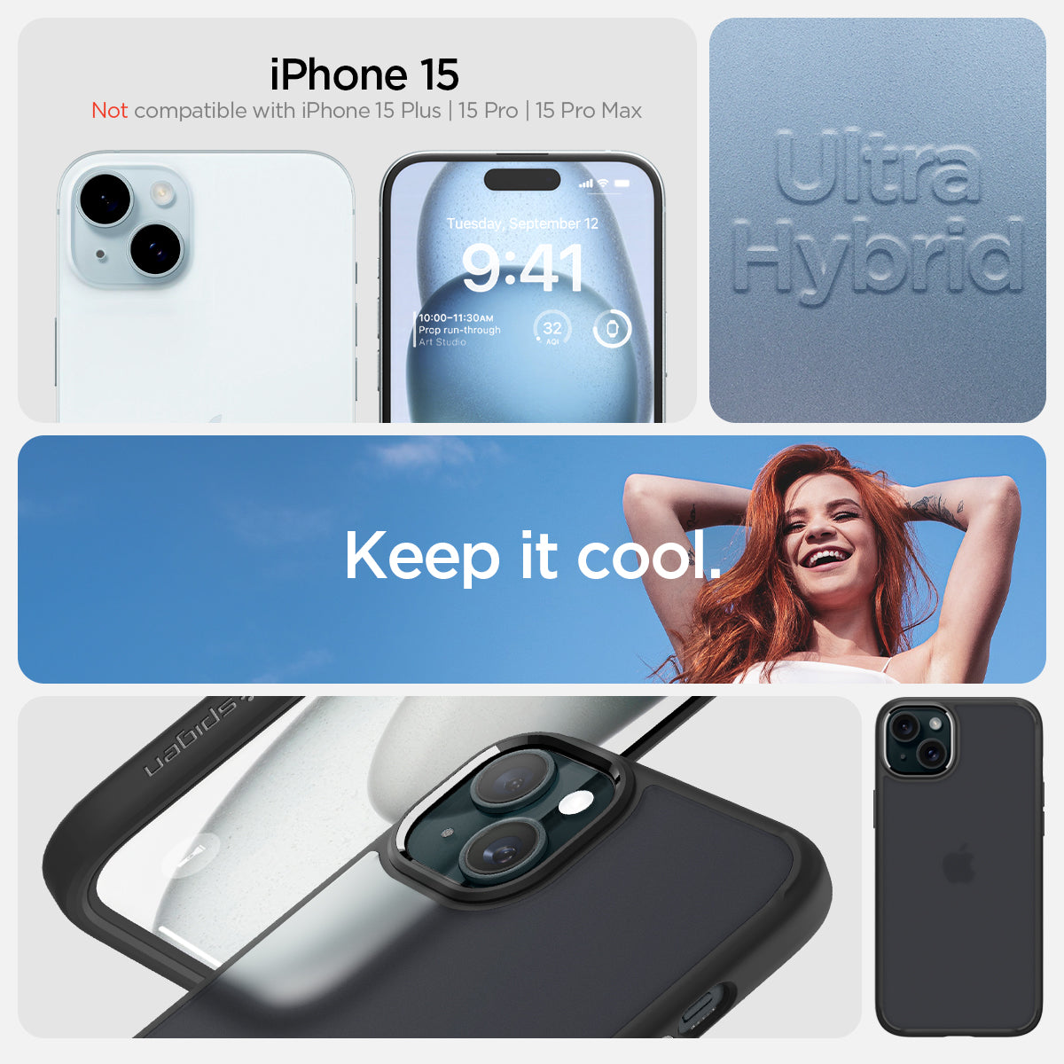 ACS06797 - iPhone 15 Case Ultra Hybrid in frost black showing the compatibility only with iPhone 15. Not compatible with iPhone 15 Plus | 15 Pro | 15 Pro Max
