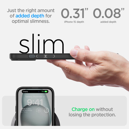 ACS06797 - iPhone 15 Case Ultra Hybrid in frost black showing the right amount of added depth for optimal slimness. 0.31" device depth | 0.08" added depth. Charge on without losing the protection