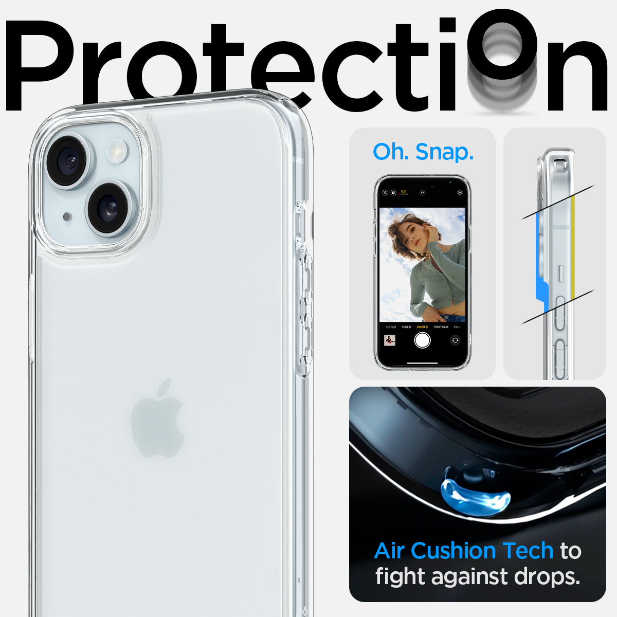 ACS06796 - iPhone 15 Case Ultra Hybrid in frost clear showing the air cushion tech to flight against drops