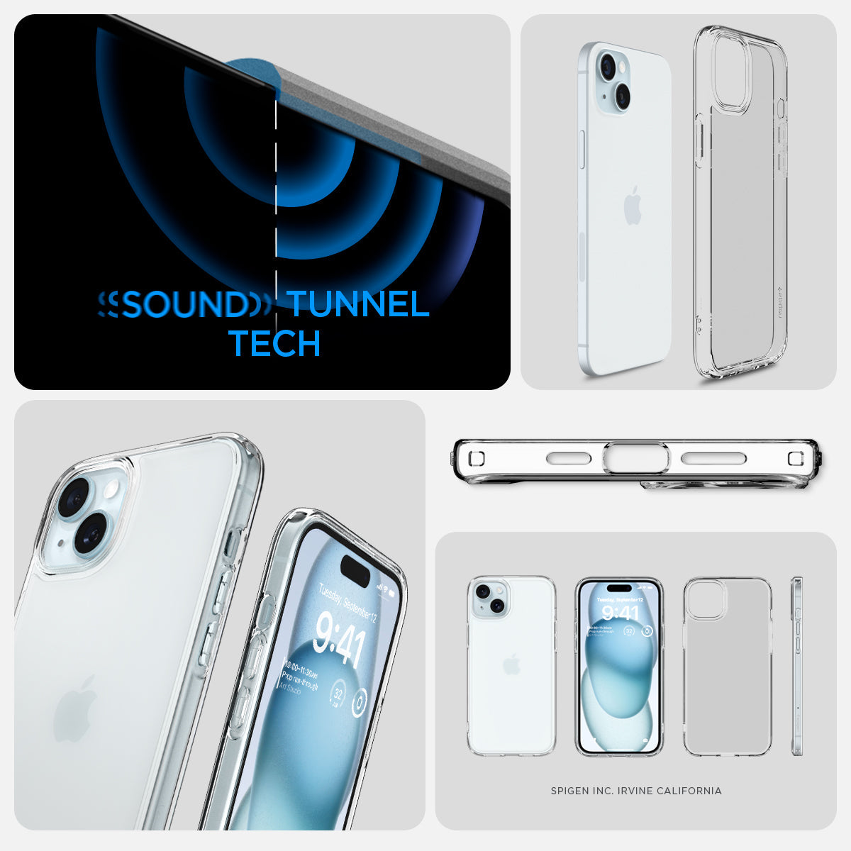 ACS06796 - iPhone 15 Case Ultra Hybrid in frost clear showing the different angles with sound tunnel tech