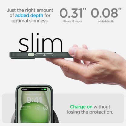 ACS06798 - iPhone 15 Case Ultra Hybrid in frost green showing the right amount of added depth for optimal slimness. 0.31" device depth | 0.08" added depth. Charge on without losing the protection