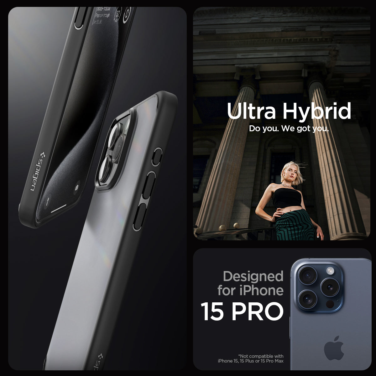 ACS06709 - iPhone 15 Pro Case Ultra Hybrid in frost black showing the compatibility only with iPhone 15 Pro. Not compatible with iPhone 15 | 15 Plus or 15 Pro Max