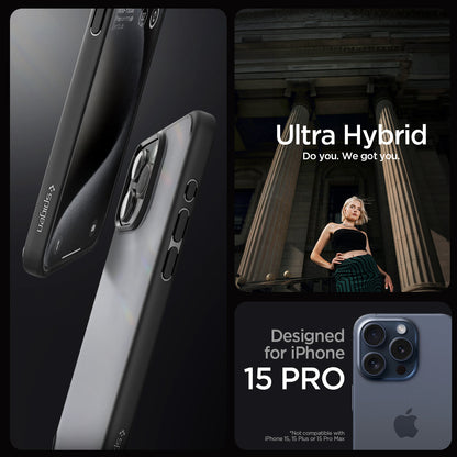 ACS06709 - iPhone 15 Pro Case Ultra Hybrid in frost black showing the compatibility only with iPhone 15 Pro. Not compatible with iPhone 15 | 15 Plus or 15 Pro Max