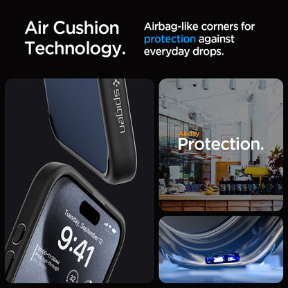 ACS06709 - iPhone 15 Pro Case Ultra Hybrid in frost black showing the air cushion technology. Airbag-like corners for protection against everyday drops