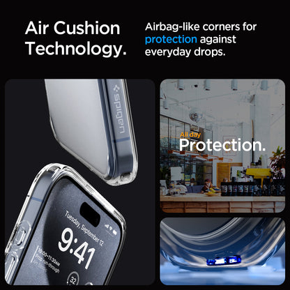 ACS06708 - iPhone 15 Pro Case Ultra Hybrid in frost clear showing the air cushion technology. Airbag-like corners for protection against everyday drops