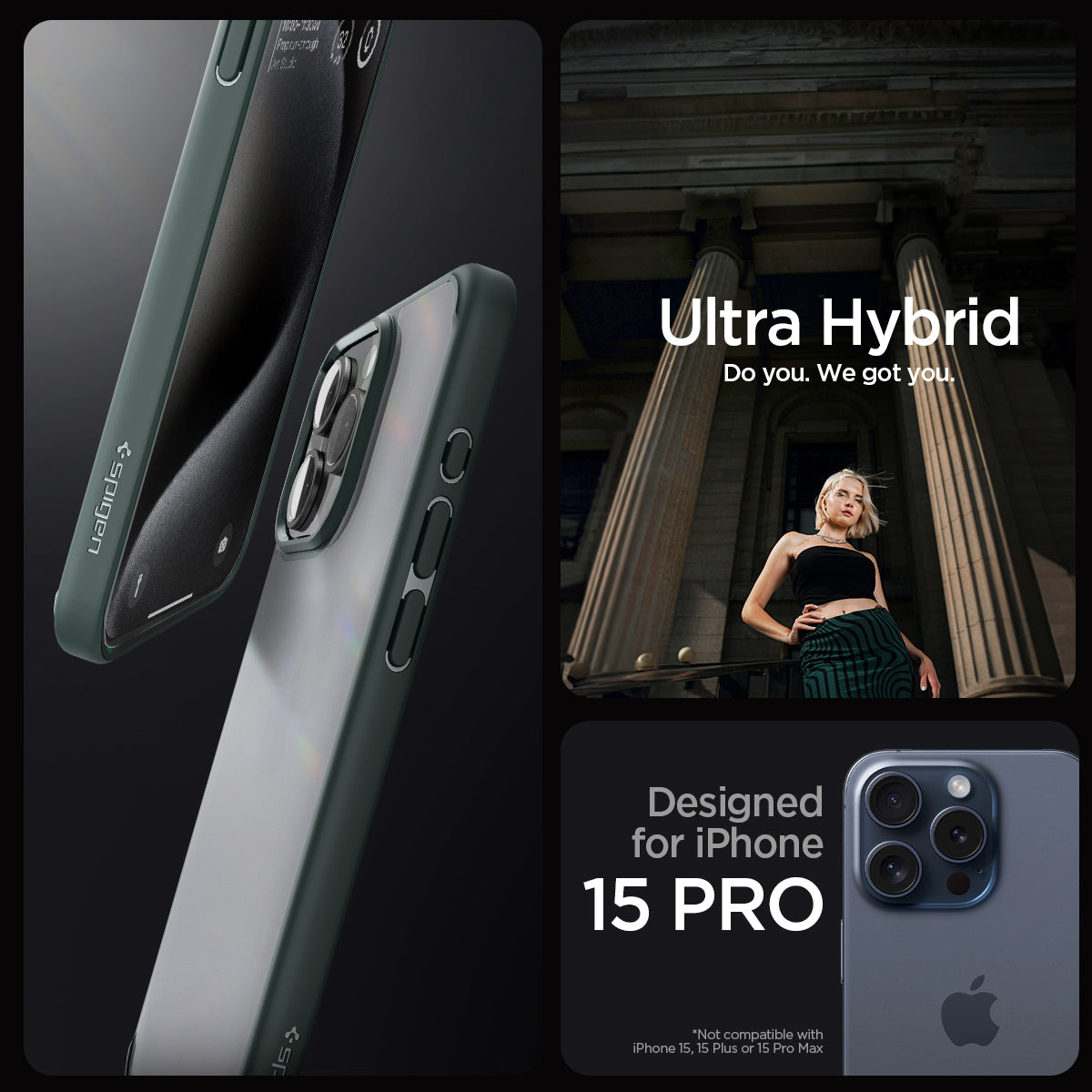 ACS06710 - iPhone 15 Pro Case Ultra Hybrid in frost green showing the compatibility only with iPhone 15 Pro. Not compatible with iPhone 15 | 15 Plus or 15 Pro Max