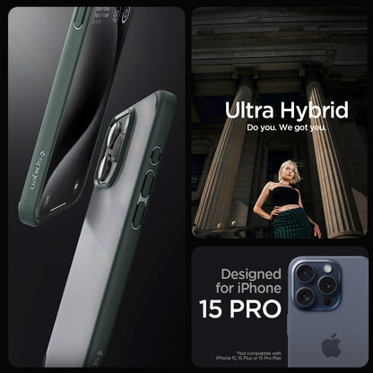 ACS06710 - iPhone 15 Pro Case Ultra Hybrid in frost green showing the compatibility only with iPhone 15 Pro. Not compatible with iPhone 15 | 15 Plus or 15 Pro Max