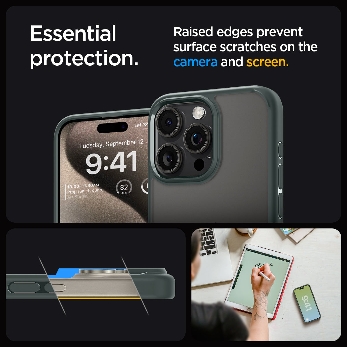 ACS06710 - iPhone 15 Pro Case Ultra Hybrid in frost green showing the essential protection. Raised edges prevent surface scratches on the camera and screen
