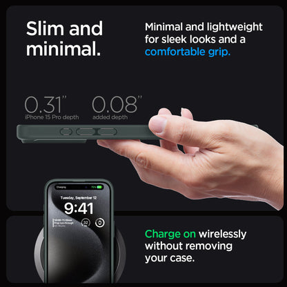 ACS06710 - iPhone 15 Pro Case Ultra Hybrid in frost green showing the slim, minimal and lightweight for sleek looks and a comfortable grip. Charge wirelessly without removing your case. 0.31" device depth | 0.08" added depth