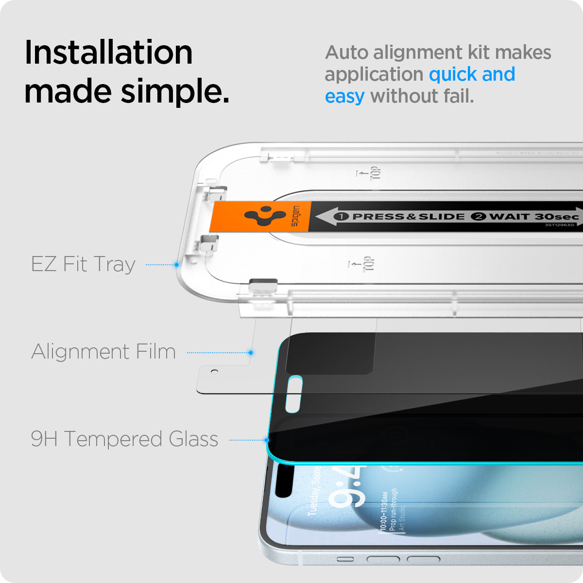 AGL06885 - iPhone 15 Plus Screen Protector EZ FIT GLAS.tR Privacy installation made simple. auto alignment kit makes application quick and easy without fail. EZ Fit tray. Alignment film, 9H tempered glass.