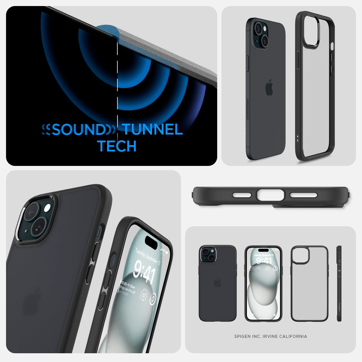 ACS06656 - iPhone 15 Plus Case Ultra Hybrid in frost black showing the different angles with sound tunnel tech