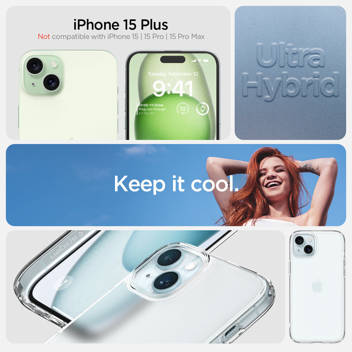 ACS06655 - iPhone 15 Plus Case Ultra Hybrid in frost clear showing the compatibility only with iPhone 15 Plus. Not compatible with iPhone 15 | 15 Pro | 15 Pro Max