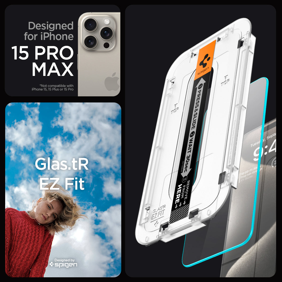 AGL06872 - iPhone 15 Pro Max Screen Protector EZ FIT GLAS.tR (Sensor Protection) designed for iPhone 15 pro max. Glas.tR EZ Fit. designed by spigen.