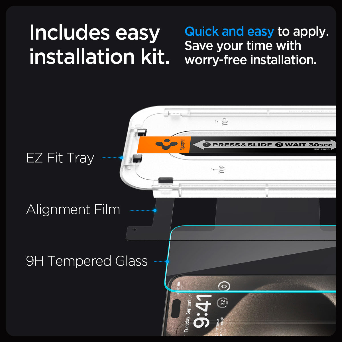 AGL06872 - iPhone 15 Pro Max Screen Protector EZ FIT GLAS.tR (Sensor Protection) includes easy installation kit. Quick and easy to apply. Save your time with worry free installation. EZ Fit tray, Alignment film, 9H tempered glass.