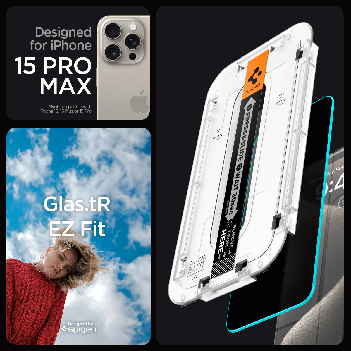 AGL06874 - iPhone 15 Pro Max Screen Protector EZ FIT GLAS.tR Privacy designed for iPhone 15 pro max. Glas.tR EZ Fit. designed by spigen.