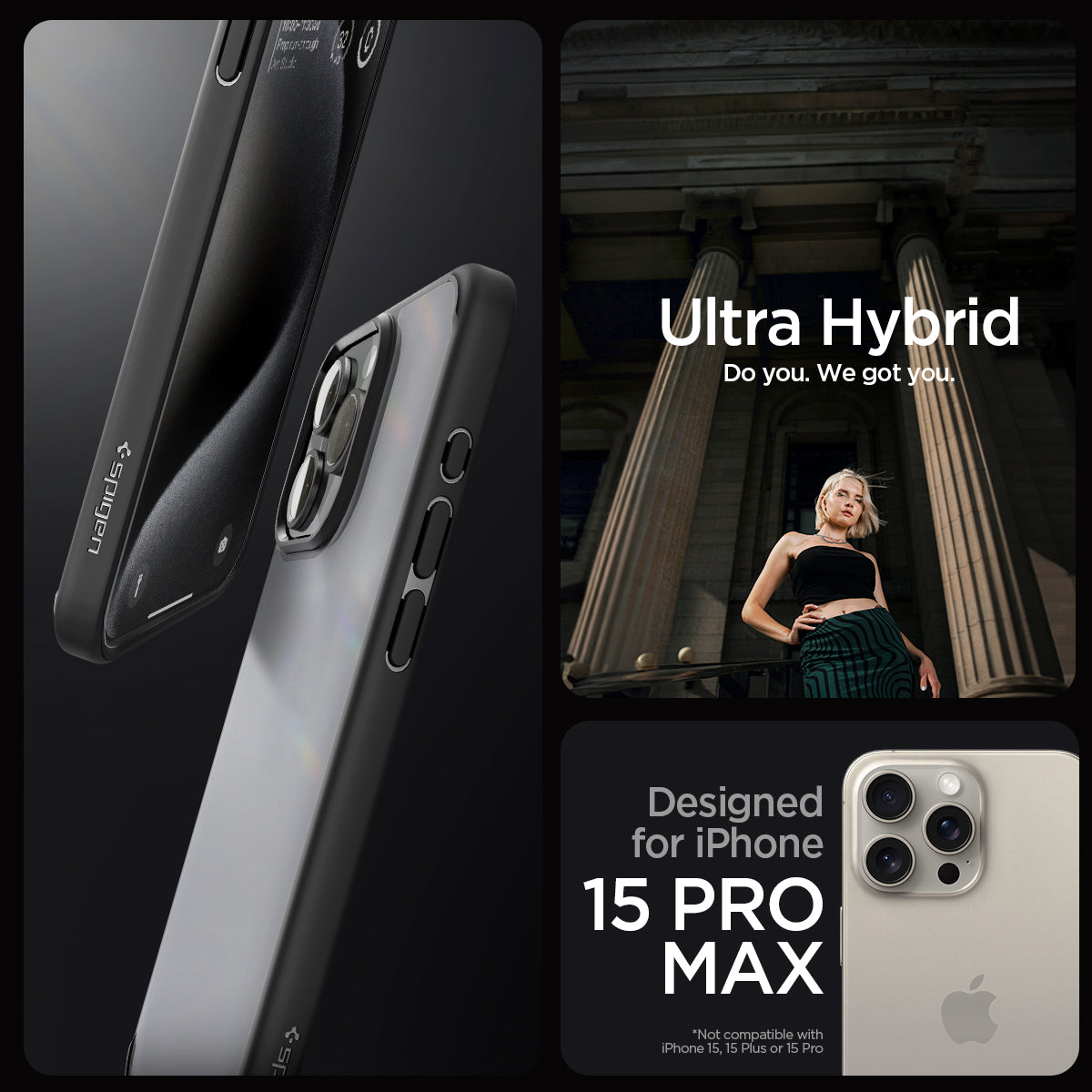 ACS06568 - iPhone 15 Pro Max Case Ultra Hybrid in frost black showing the compatibility only with iPhone 15 Pro Max. Not compatible with iPhone 15 | 15 Plus or 15 Pro