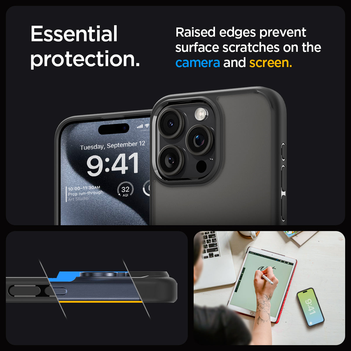 ACS06568 - iPhone 15 Pro Max Case Ultra Hybrid in frost black showing the essential protection. Raised edges prevent surface scratches on the camera and screen