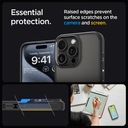 ACS06568 - iPhone 15 Pro Max Case Ultra Hybrid in frost black showing the essential protection. Raised edges prevent surface scratches on the camera and screen