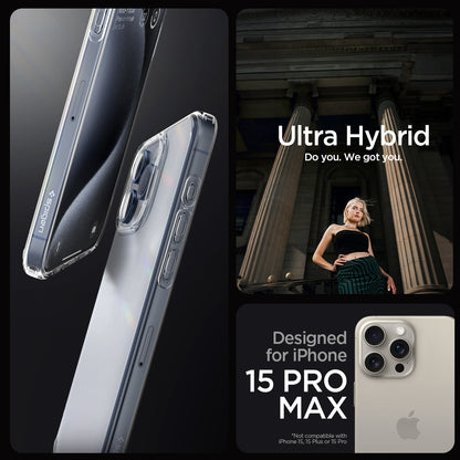 ACS06567 - iPhone 15 Pro Max Case Ultra Hybrid in frost clear showing the compatibility only with iPhone 15 Pro Max. Not compatible with iPhone 15 | 15 Plus or 15 Pro