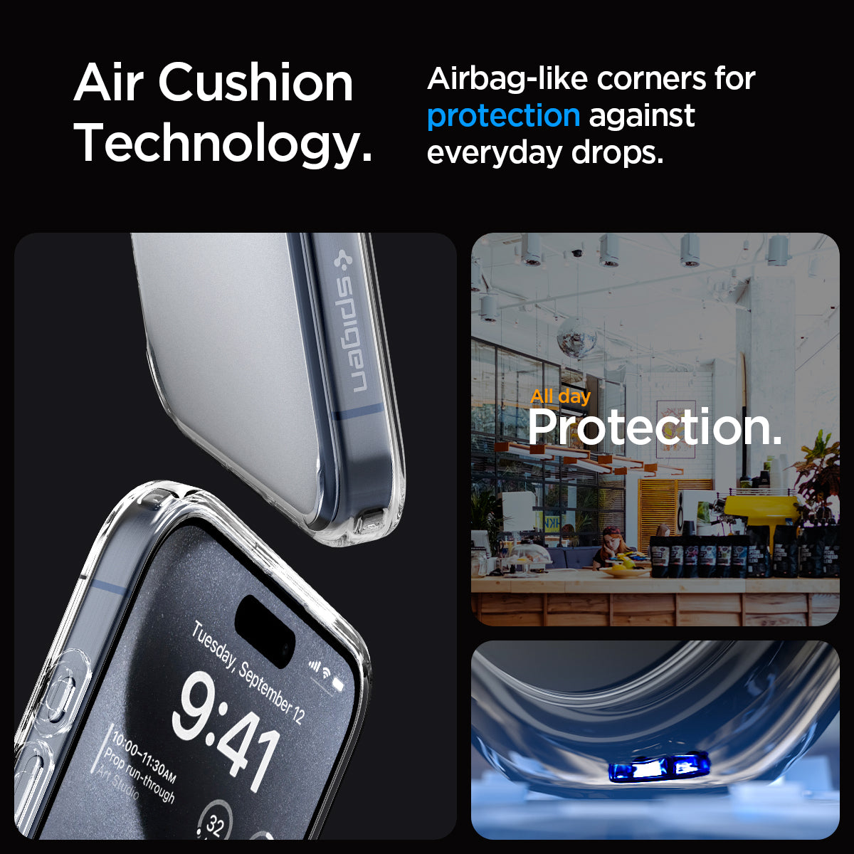ACS06567 - iPhone 15 Pro Max Case Ultra Hybrid in frost clear showing the air cushion technology. Airbag-like corners for protection against everyday drops