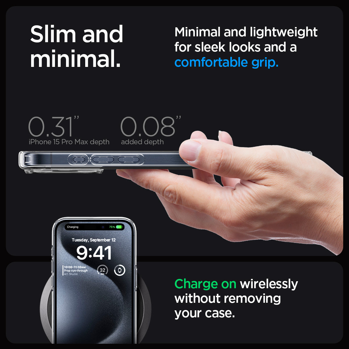 ACS06567 - iPhone 15 Pro Max Case Ultra Hybrid in frost clear showing the slim, minimal and lightweight for sleek looks and a comfortable grip. Charge wirelessly without removing your case. 0.31" device depth | 0.08" added depth