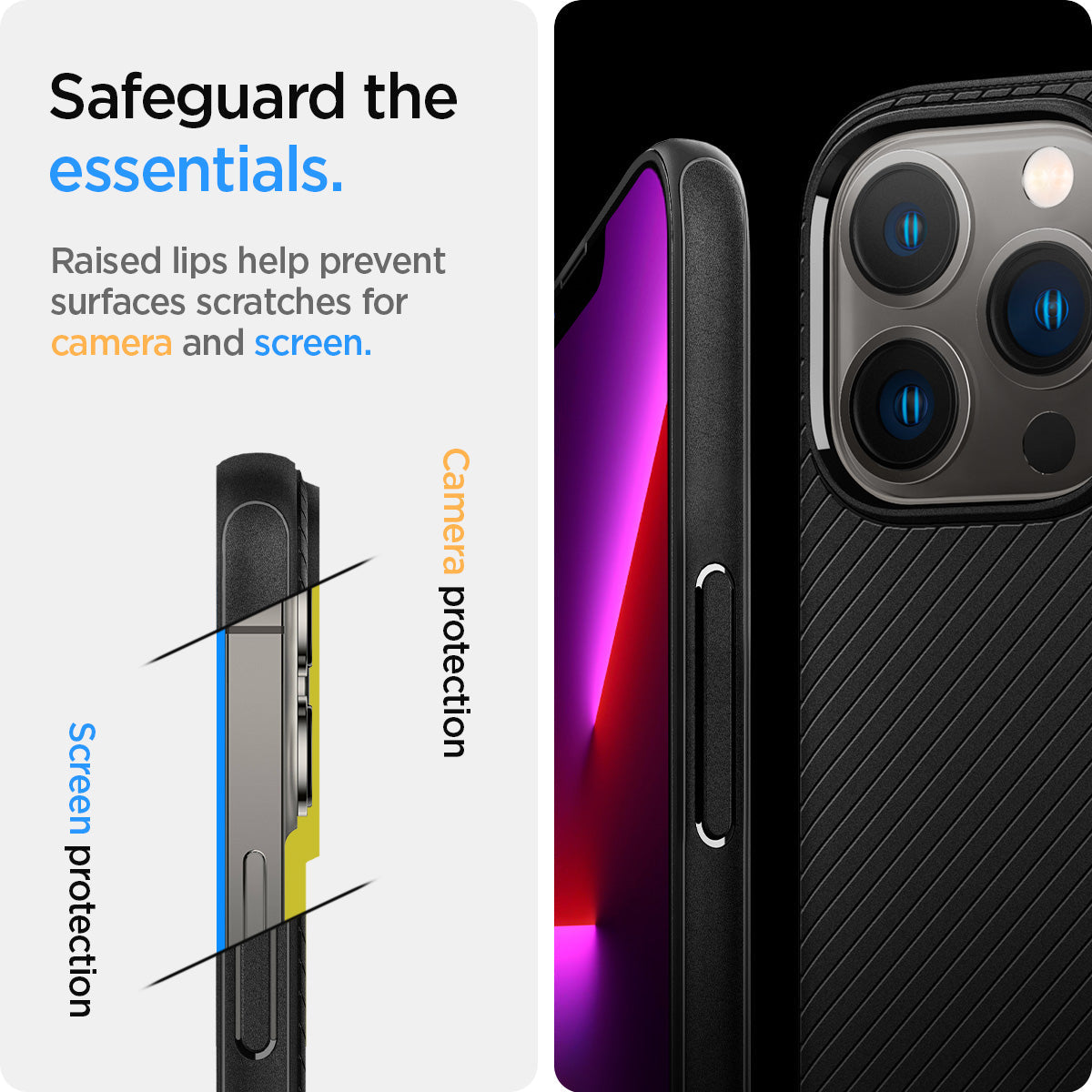 ACS03281 - iPhone 13 Pro Case Mag Armor in black showing the raised lips help prevent surfaces scratches for camera and screen. Camera protection and Screen protection