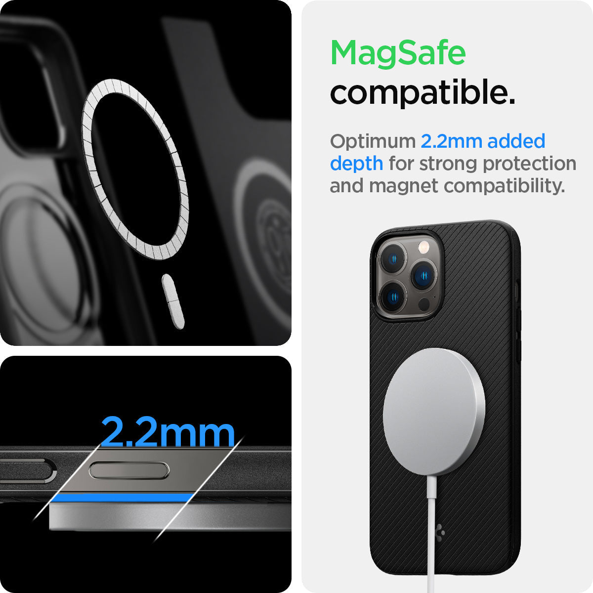 ACS03226 - iPhone 13 Pro Max Case Mag Armor in black showing the magsafe compatible. Optimum 2.2mm added depth for strong protection and magnet compatibility