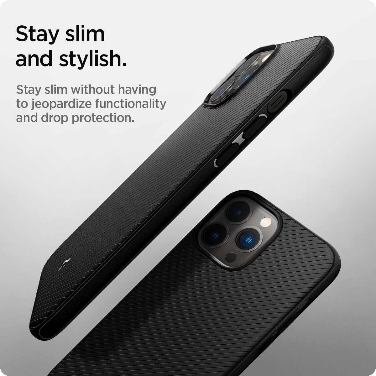 ACS03226 - iPhone 13 Pro Max Case Mag Armor in black showing staying slim without having to jeopardize functionality and drop protection
