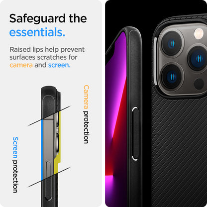 ACS03226 - iPhone 13 Pro Max Case Mag Armor in black showing the raised lips help prevent surfaces scratches for camera and screen. Camera protection and Screen protection