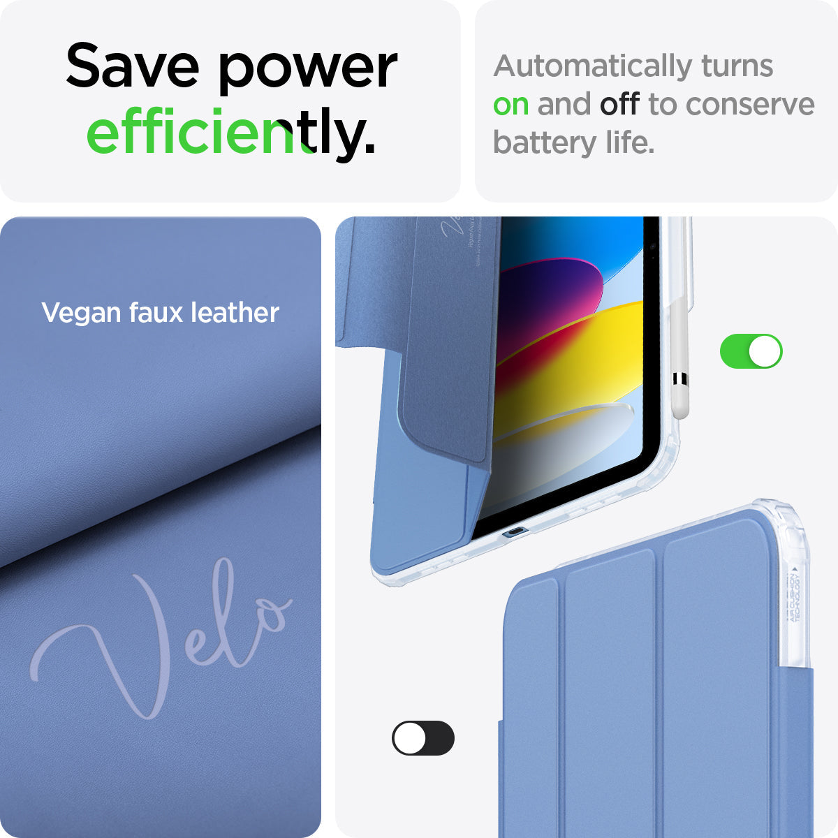 ACS05940 - iPad 10.9" Case Ultra Hybrid Pro in cornflower blue showing the saving power efficiently. Automatically turns on and off to conserve battery life