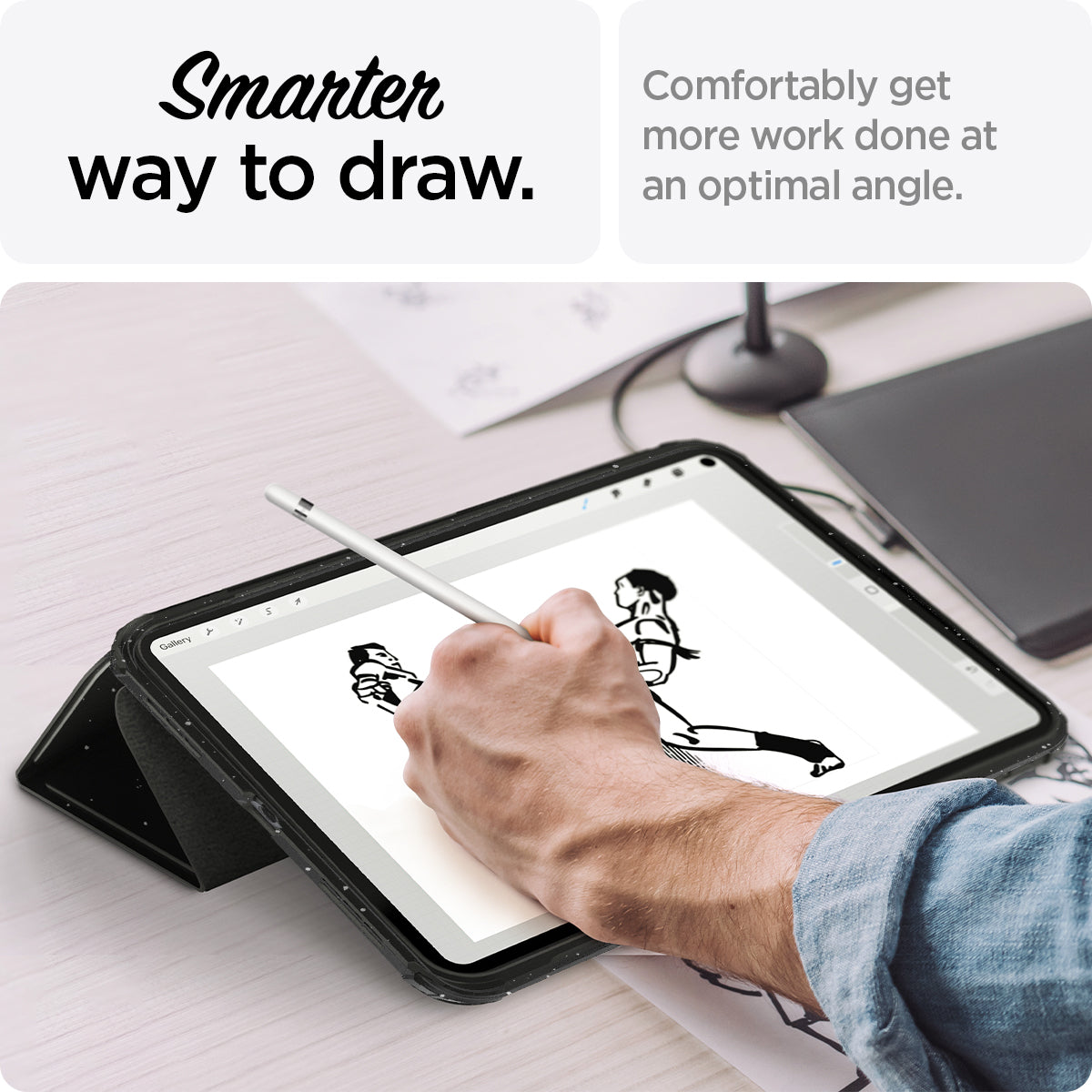 ACS05941 - iPad 10.9" Case Ultra Hybrid Pro in speckled black showing the smarter way to draw. Comfortable get more work done at an optimal angle