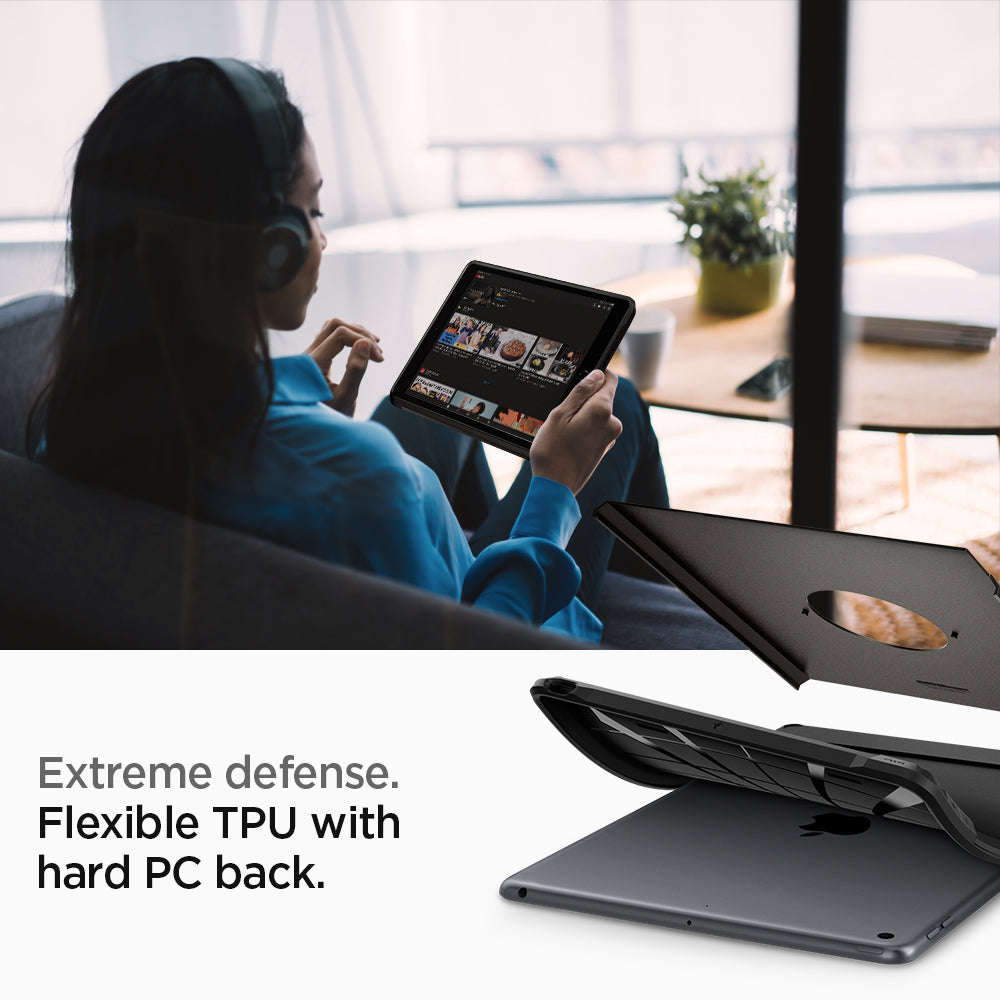 ACS00375 - iPad 10.2" Case Tough Armor in gunmetal showing the extreme defense. Flexible TPU with hard PC back