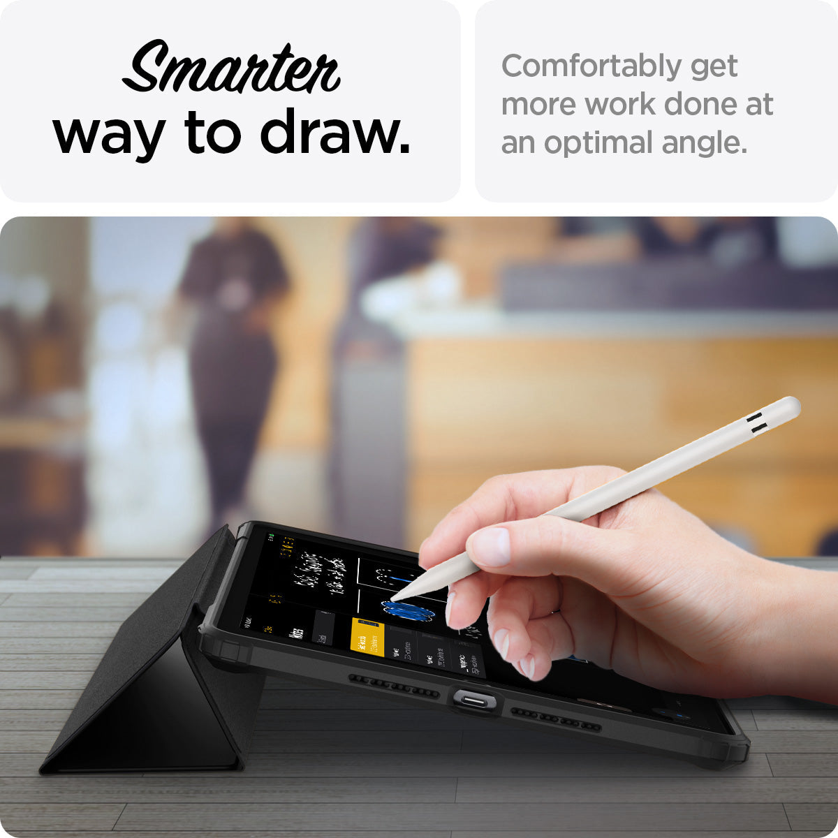 ACS03906 - iPad 10.2" Case Ultra Hybrid Pro in black showing the smarter way to draw. Comfortable get more work done at an optimal angle