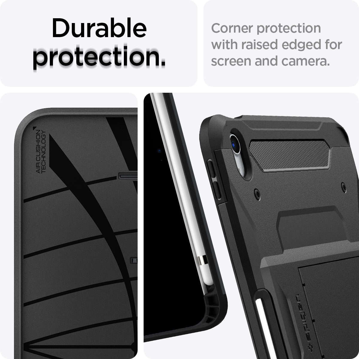 ACS05418 - iPad 10.9" Case Tough Armor Pro in black showing the durable protection. Corner protection with raised edges for screen and camera